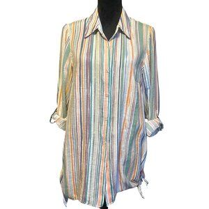 Zac & Rachel Striped Button-Up Blouse Roll-Tab Sleeves Lightweight Multicolor Ve
